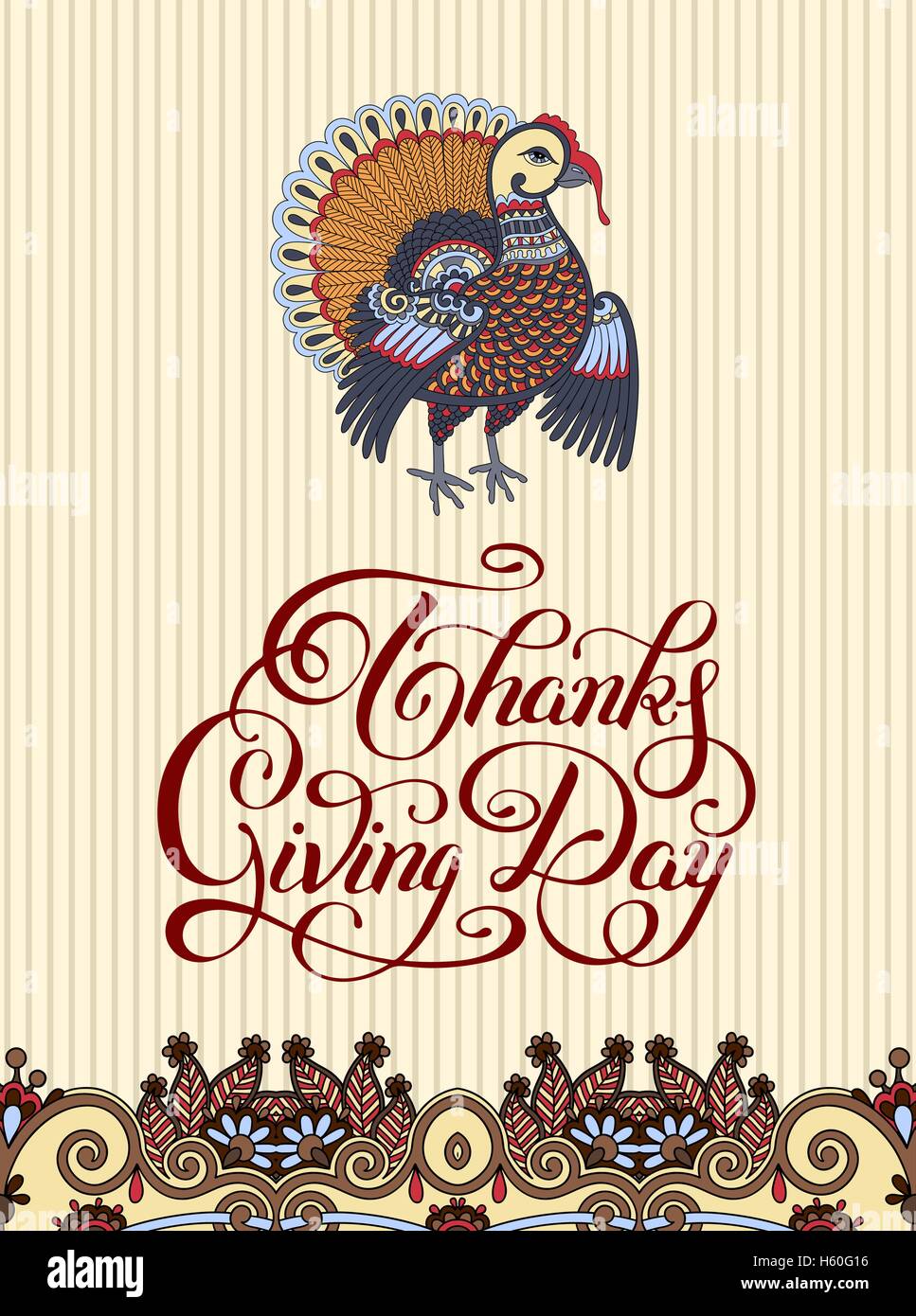 Thanks Giving Day decorative greeting card with turkey and handw Stock ...