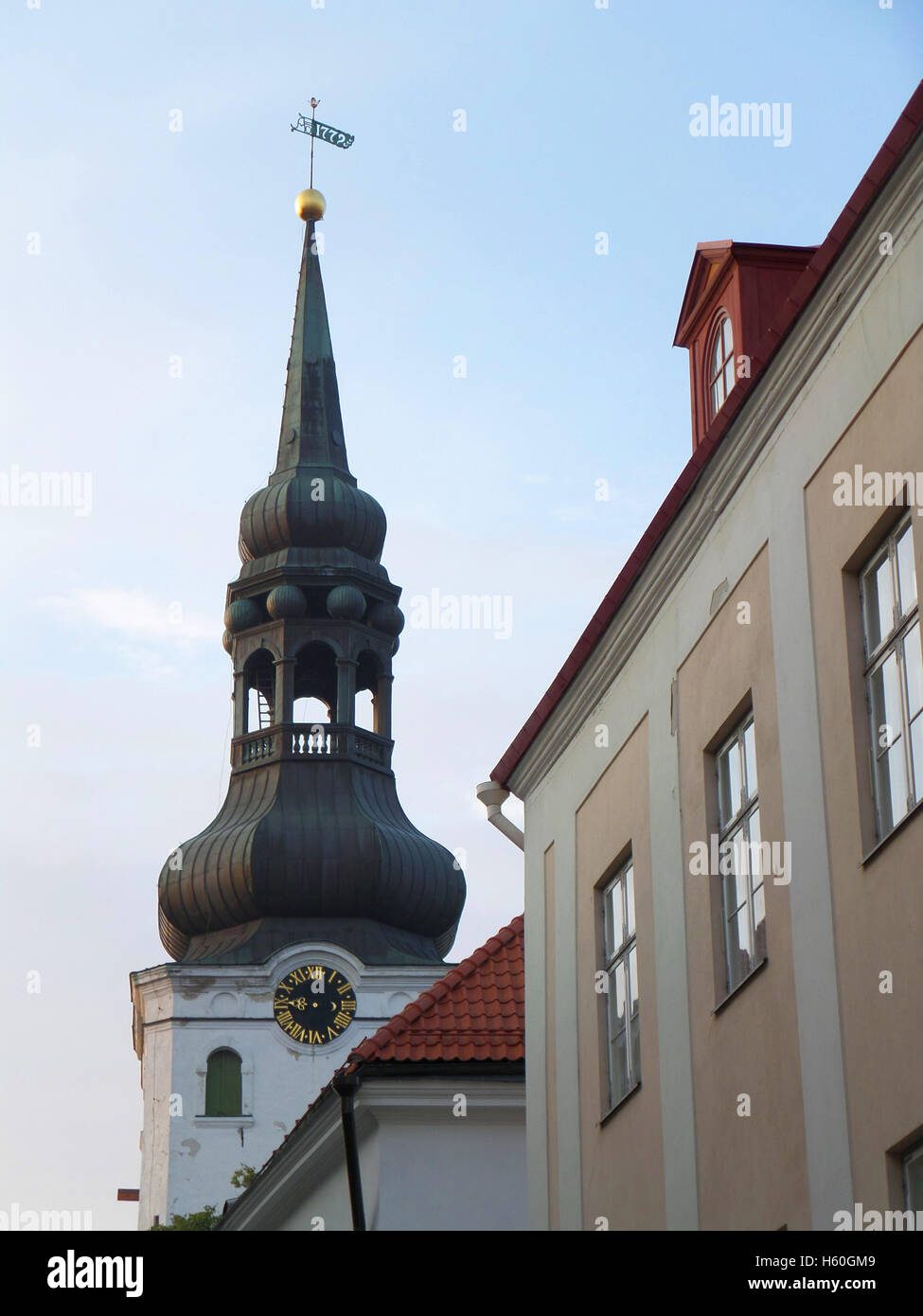 Historical Clock Tower in the Old City of Tallinn, Estonia Stock Photo