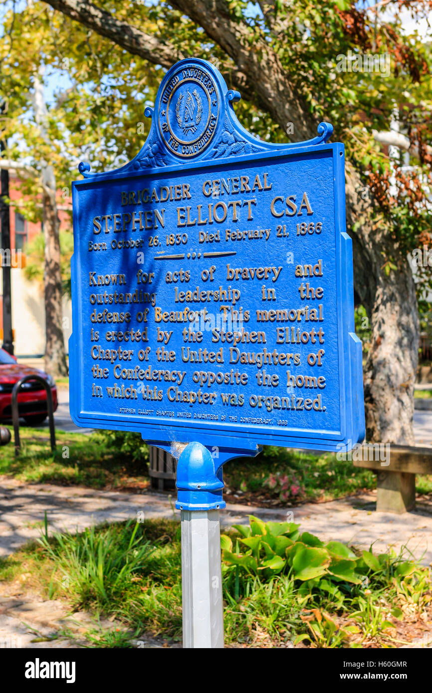 Blue Plaque to Brigadier General Stephen Elliott CSA in Beaufort, SC Stock Photo