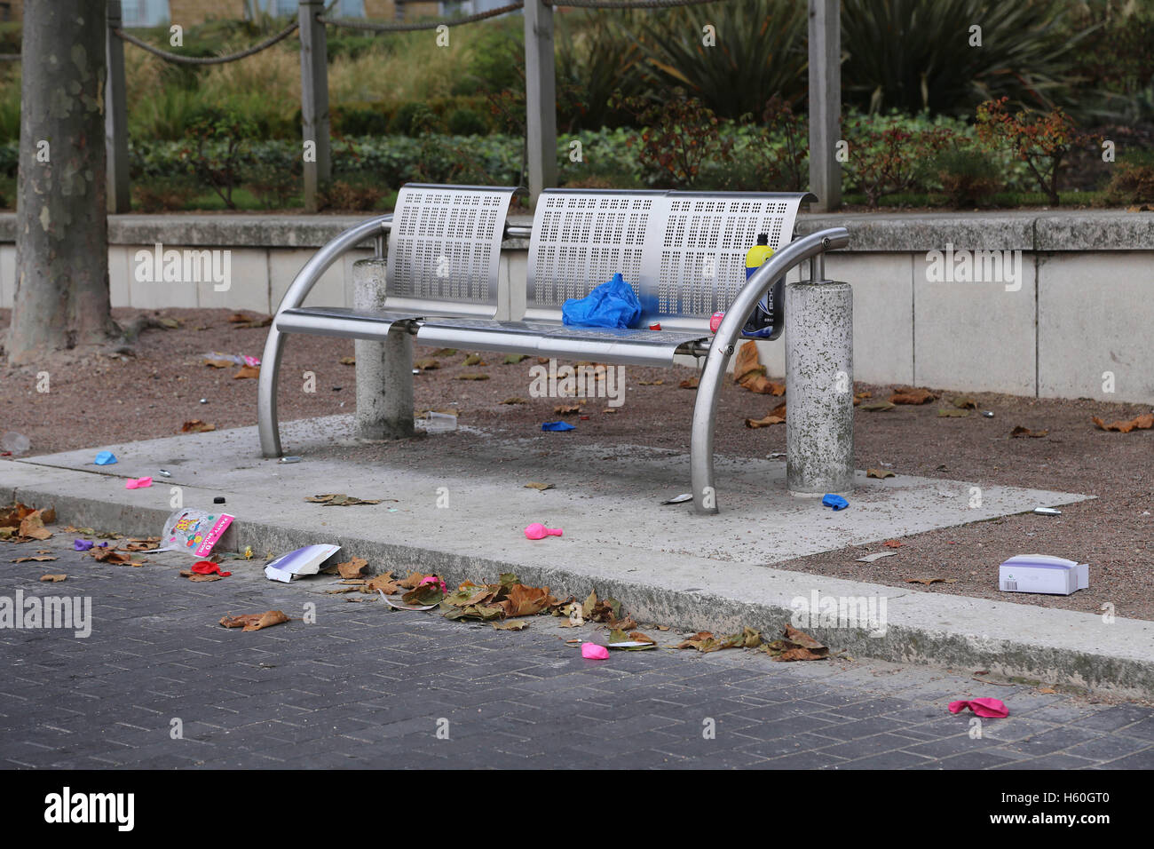 Nitrous Oxide canisters, balloons and boxes litter the Thames Path after youths spend the night
