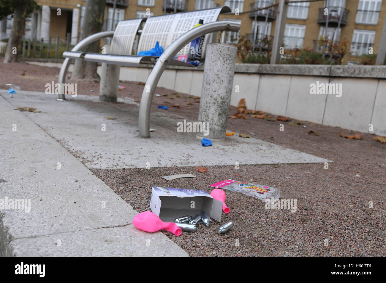 Nitrous Oxide canisters, balloons and boxes litter the Thames Path