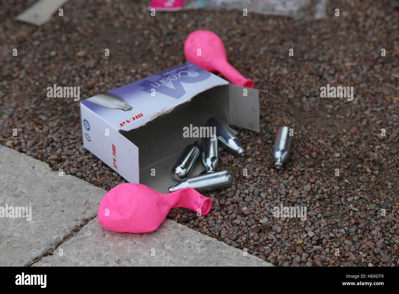 Nitrous Oxide canisters, balloons and boxes litter the Thames Path after youths spend the night