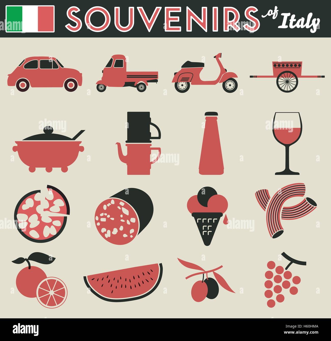 Souvenirs of Italy. 16 flat simple pictogram of peculiar items Stock Vector