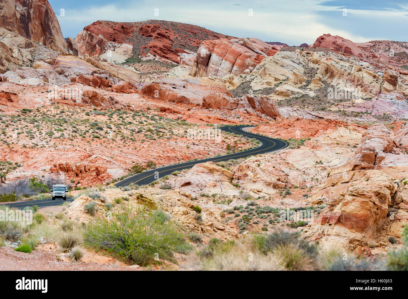 Car Driving through Valley of Fire State Park Stock Photo