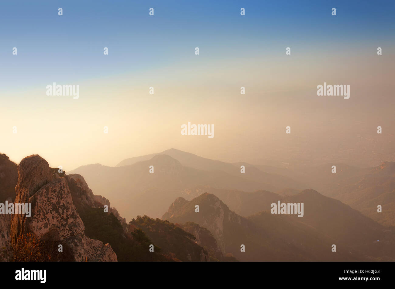 The Taishan Mountain range in the morning light in Shandong province China. Stock Photo