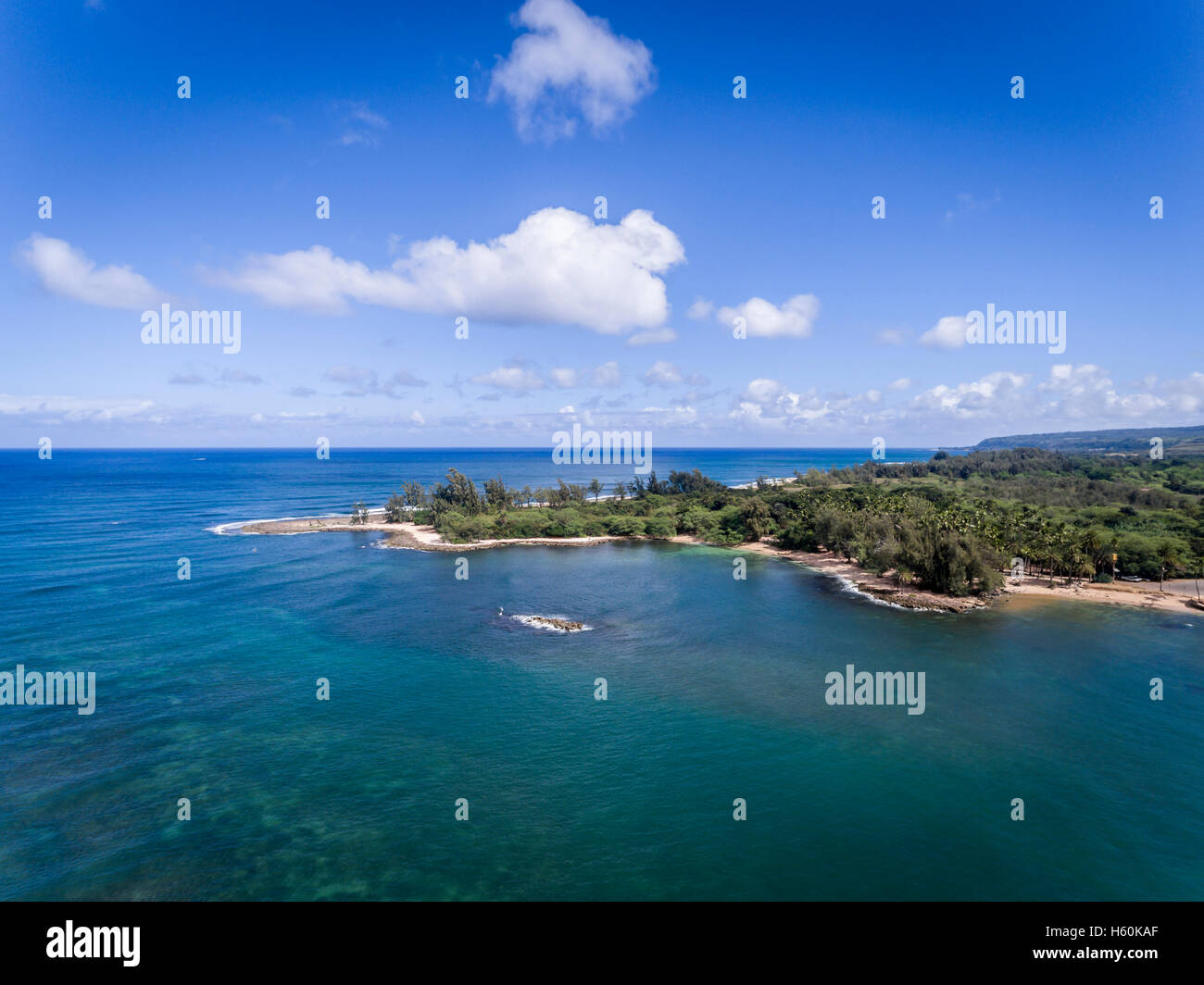 Aerial view of the Ocean and Beaches in Hale'iwa on the north shore of ...