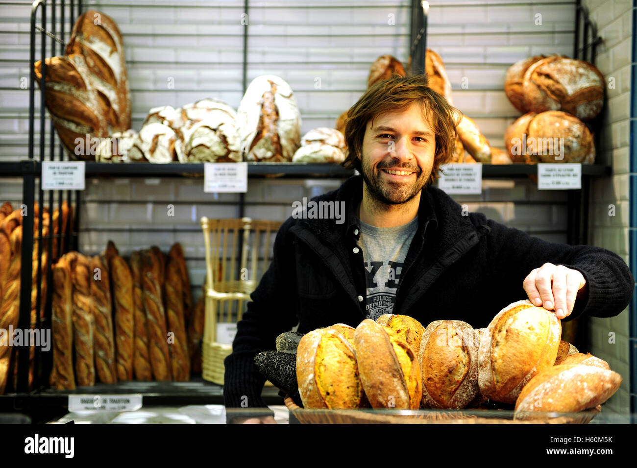 French baker and pastry chef Gontran Cherrier in his bakery in rue Caulaincourt in Paris, France Stock Photo