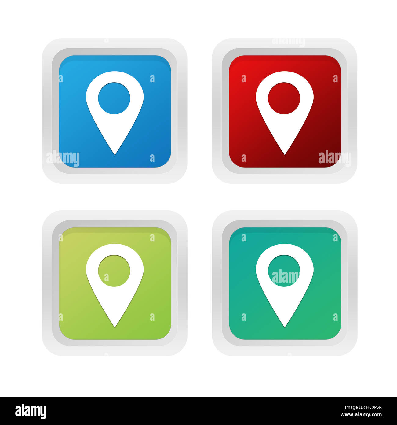 Set of squared colorful buttons with markers on maps in blue, green and ...