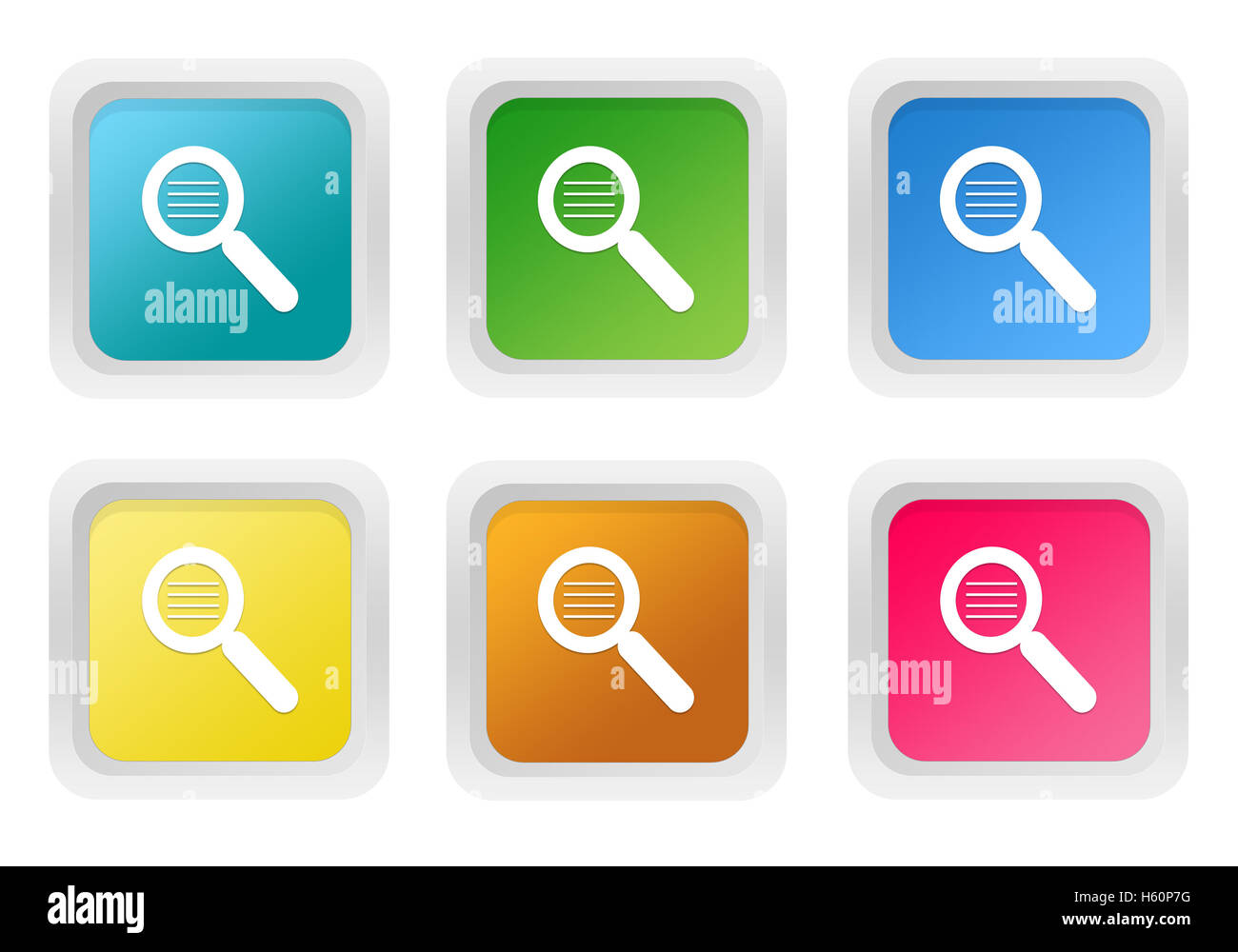 Set of squared colorful buttons with search symbol in blue, green ...