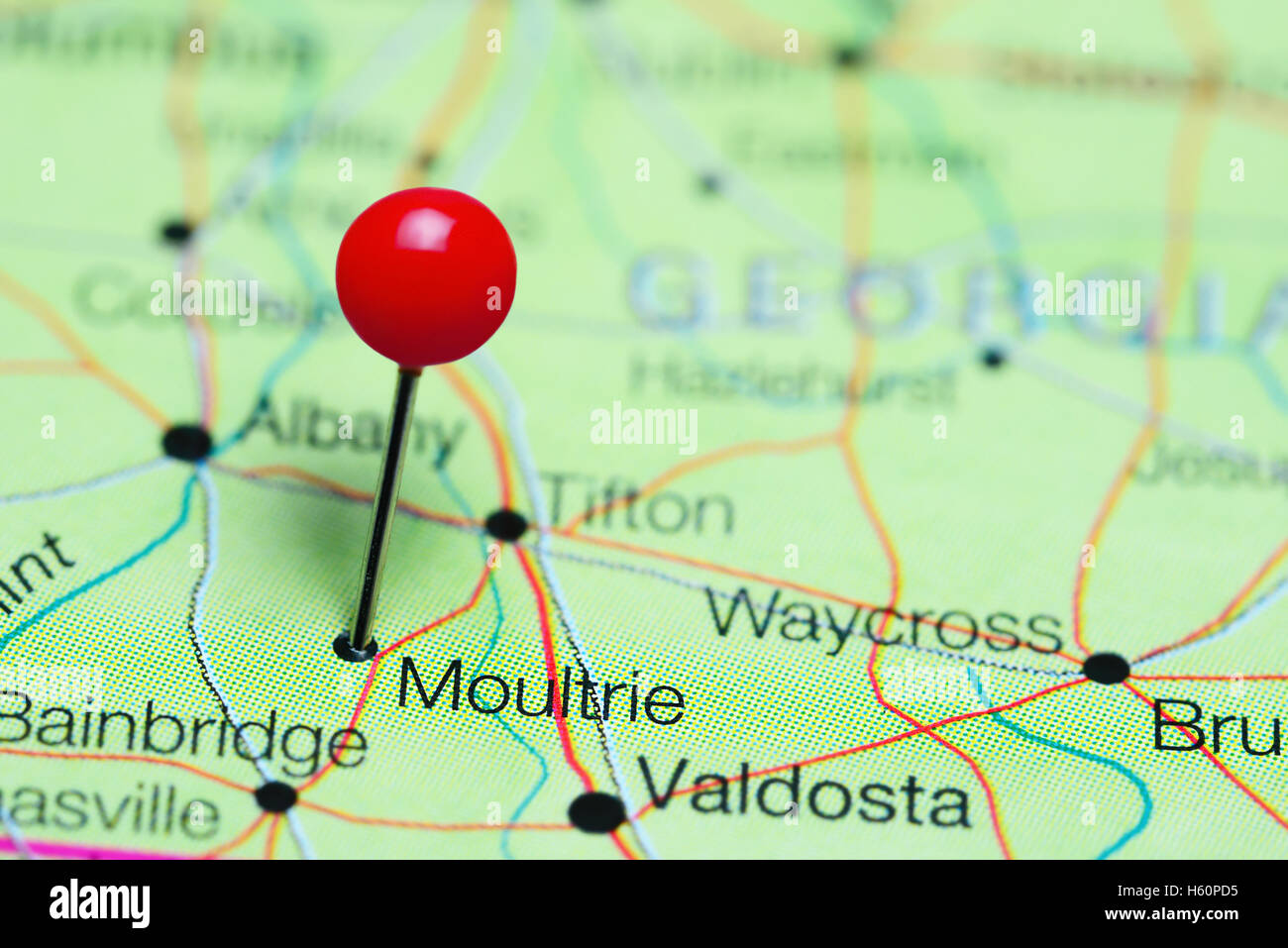 Moultrie pinned on a map of Georgia, USA Stock Photo