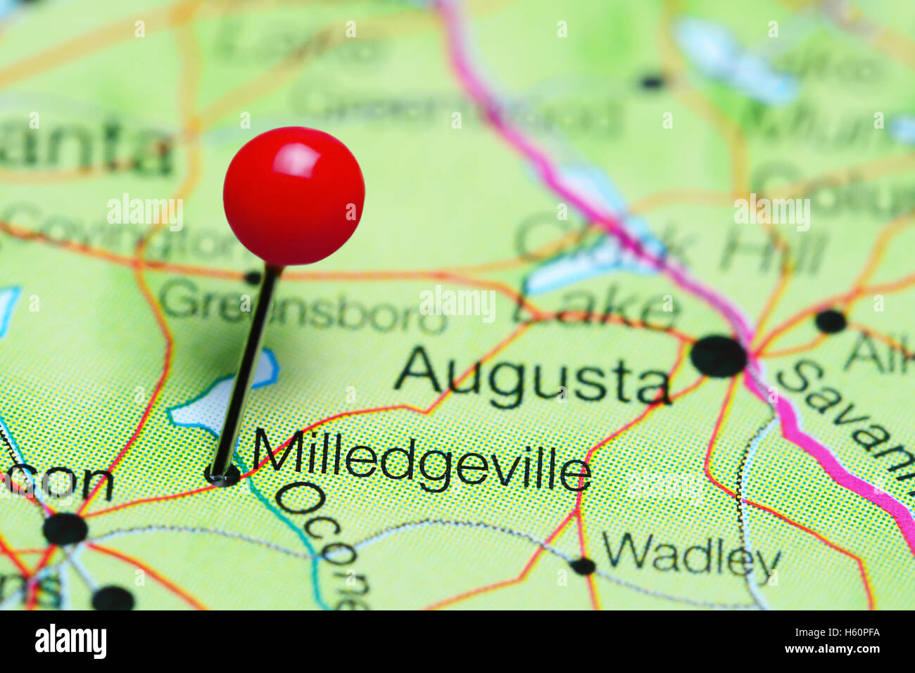 Milledgeville pinned on a map of Georgia, USA Stock Photo