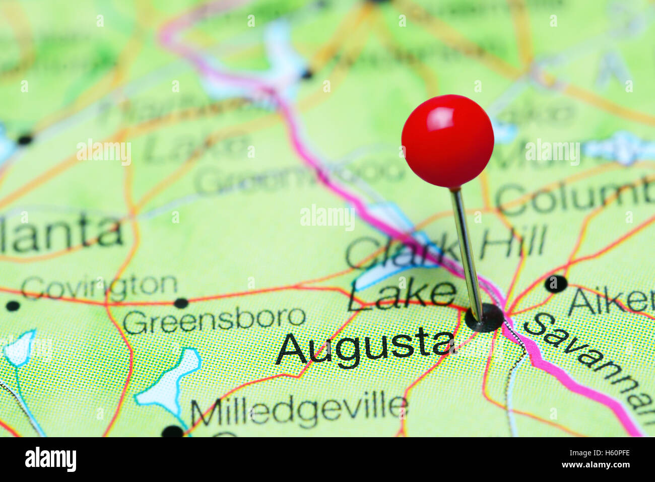 Augusta pinned on a map of Georgia, USA Stock Photo