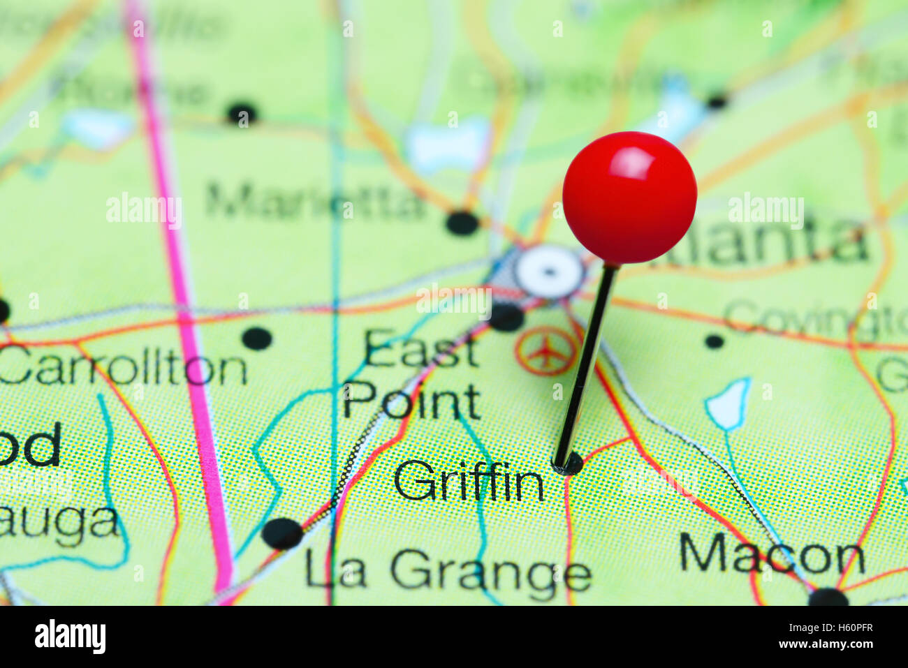 Griffin map hi res stock photography - Griffin Pinned On A Map Of Georgia Usa H60PFR