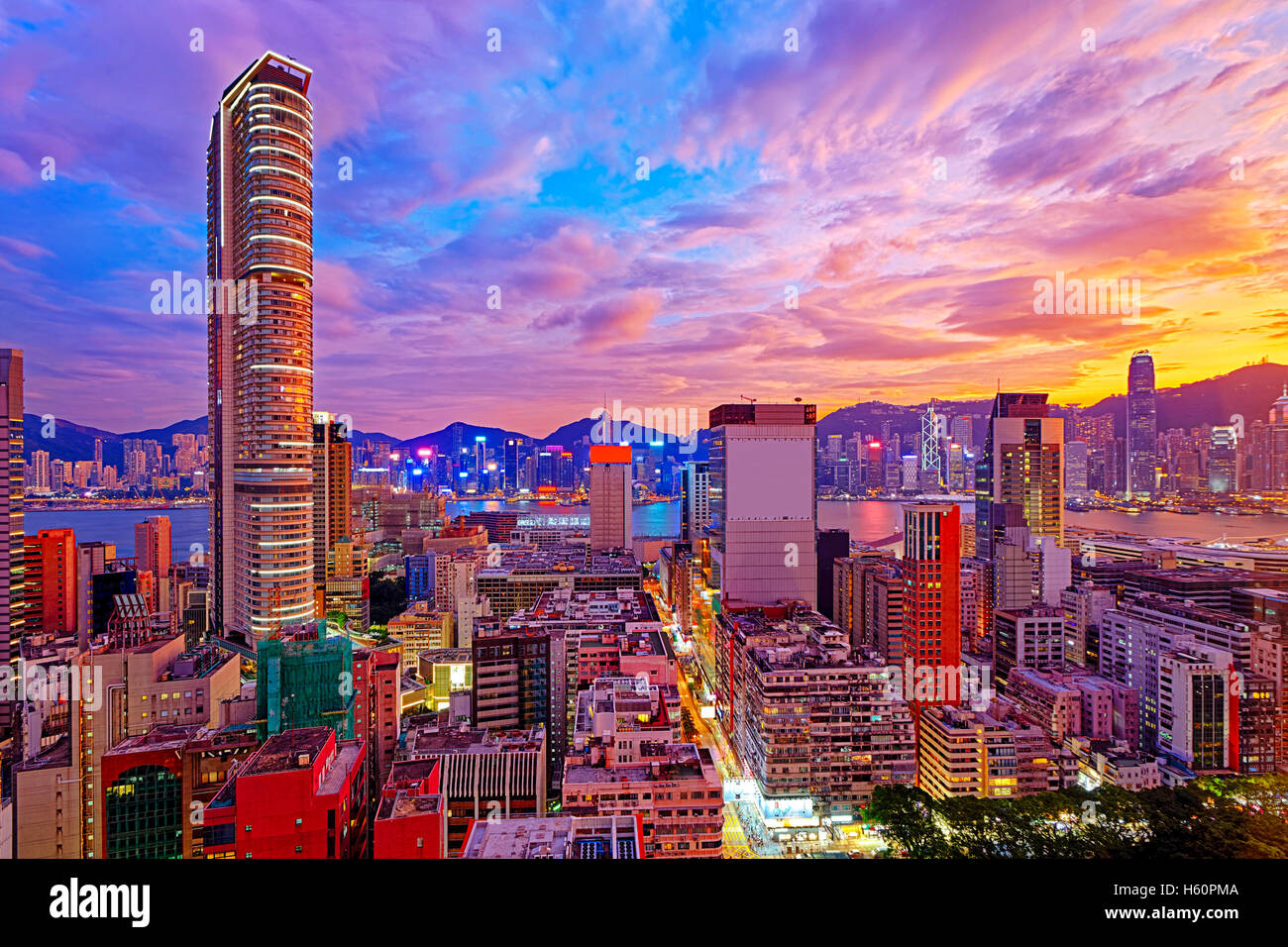 Hong Kong skyline at sunset Stock Photo - Alamy