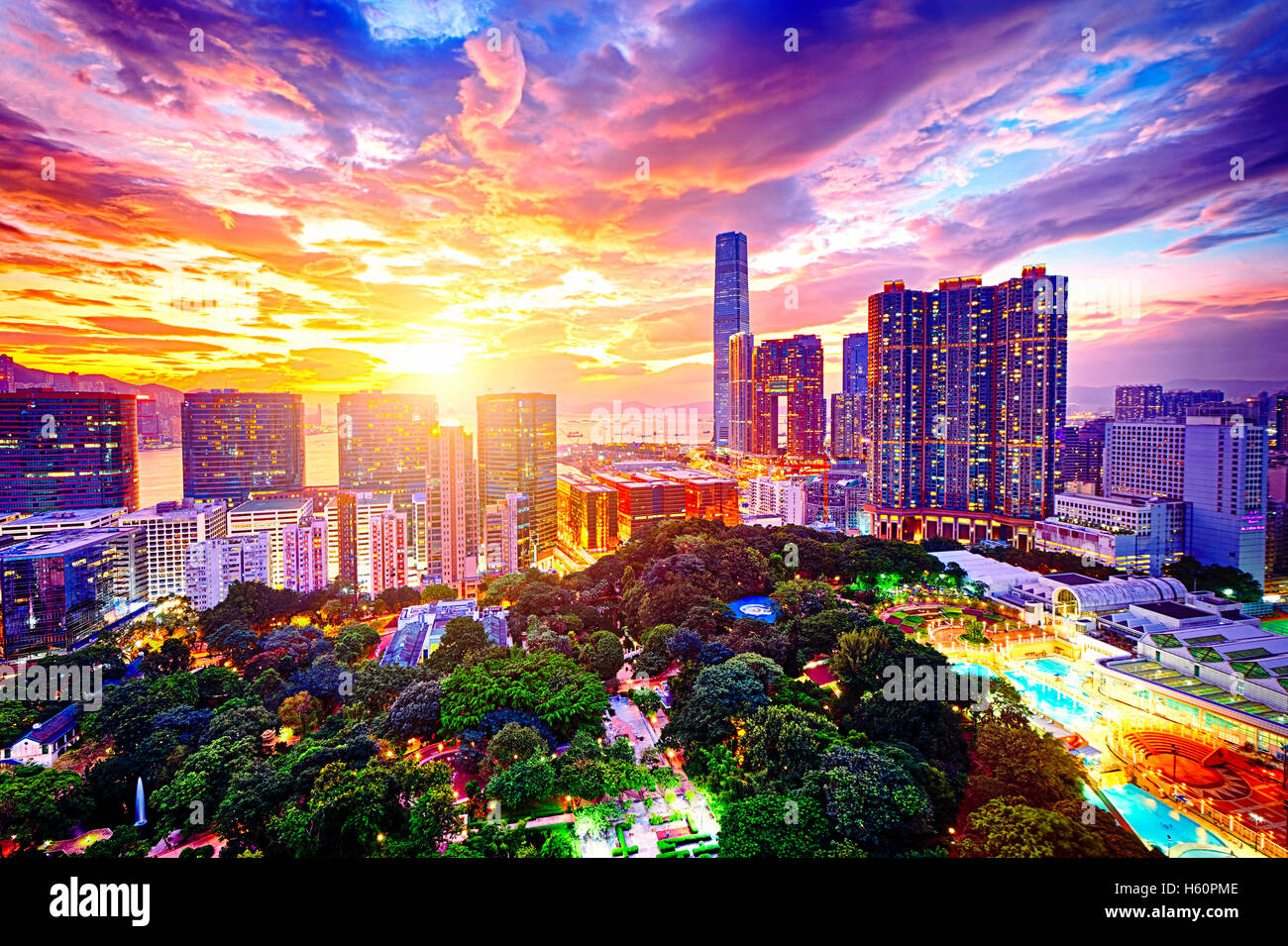Hong Kong skyline at sunset Stock Photo - Alamy
