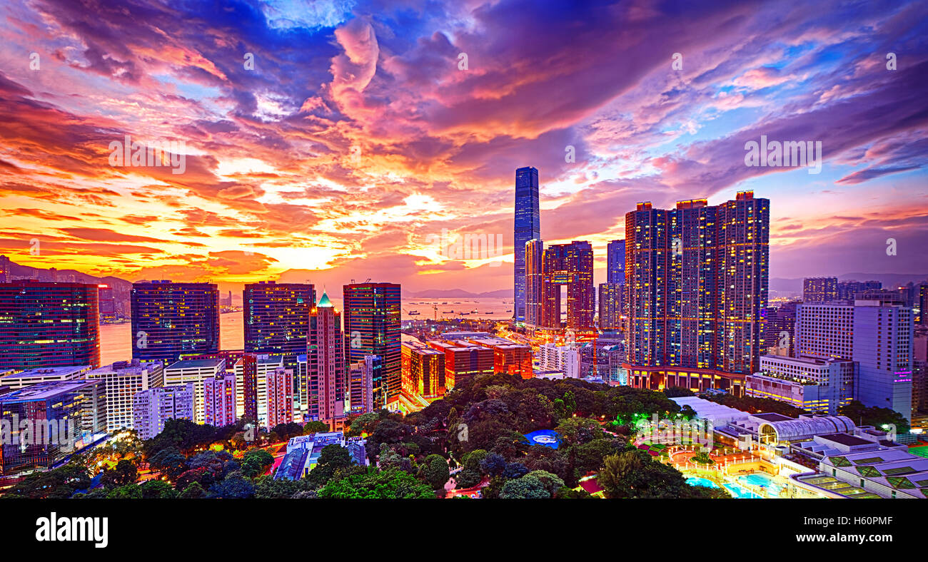 Hong Kong skyline at sunset Stock Photo - Alamy