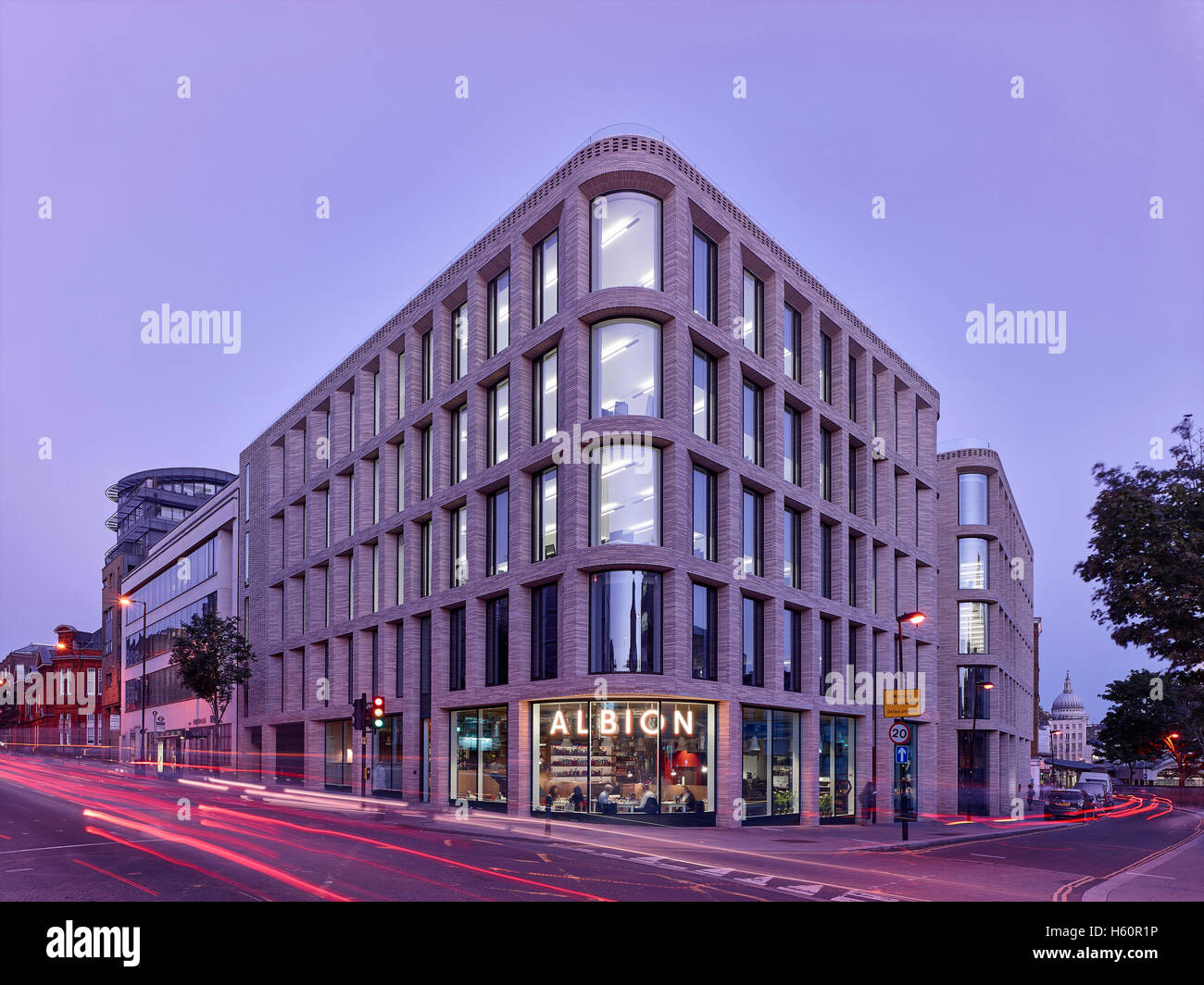 Dusk corner elavation. Turnmill Building, London, United Kingdom. Architect: Piercy & Company, 2015. Stock Photo