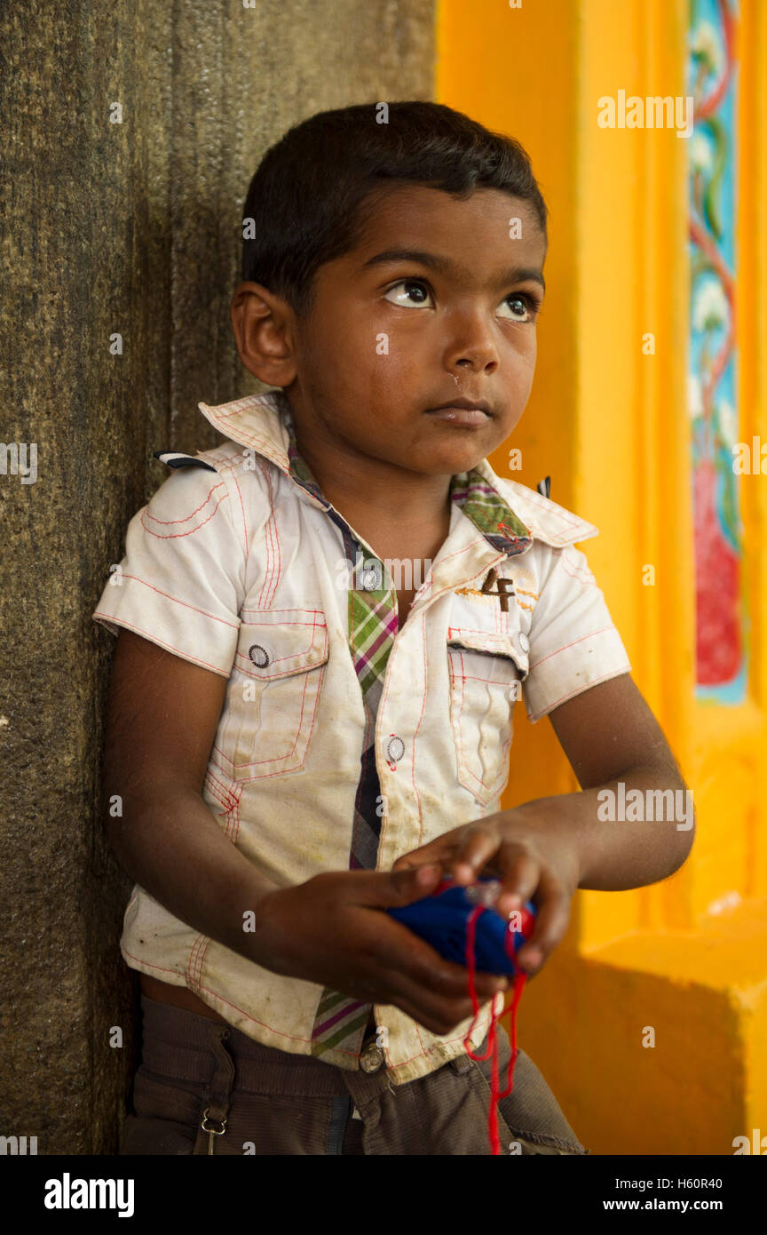 Boy at Dhowa rock temple, Ella, Sri Lanka Stock Photo