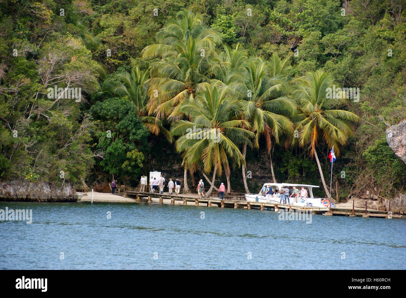 The tourists landed on the island. Los Haitises National Park, Sabana de La Mar, Dominican Republic Stock Photo