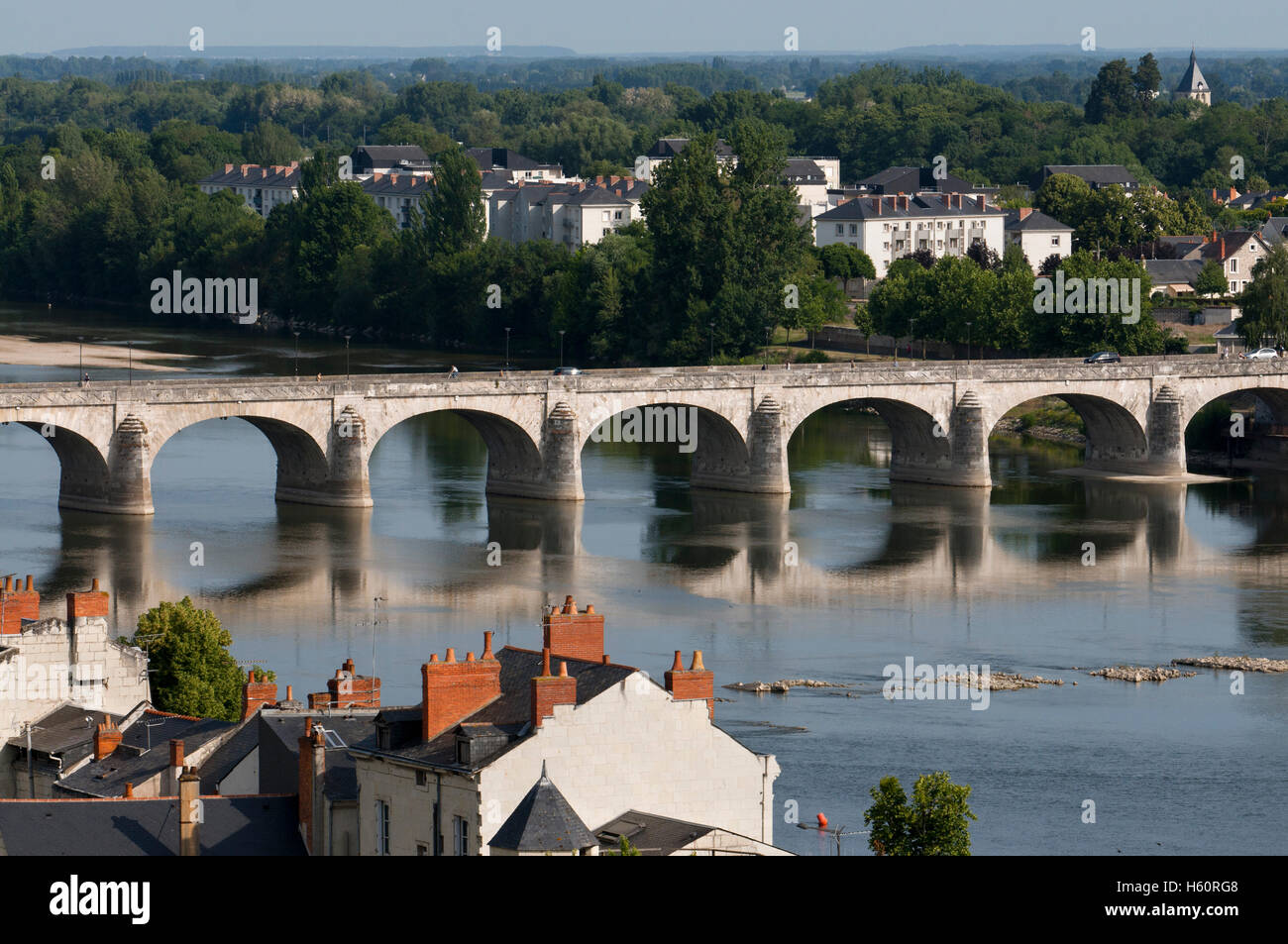 Loire river and Cessart bridge at Saumur, commune in the Maine-et-Loire department, Pays de la Loire region in western France Stock Photo