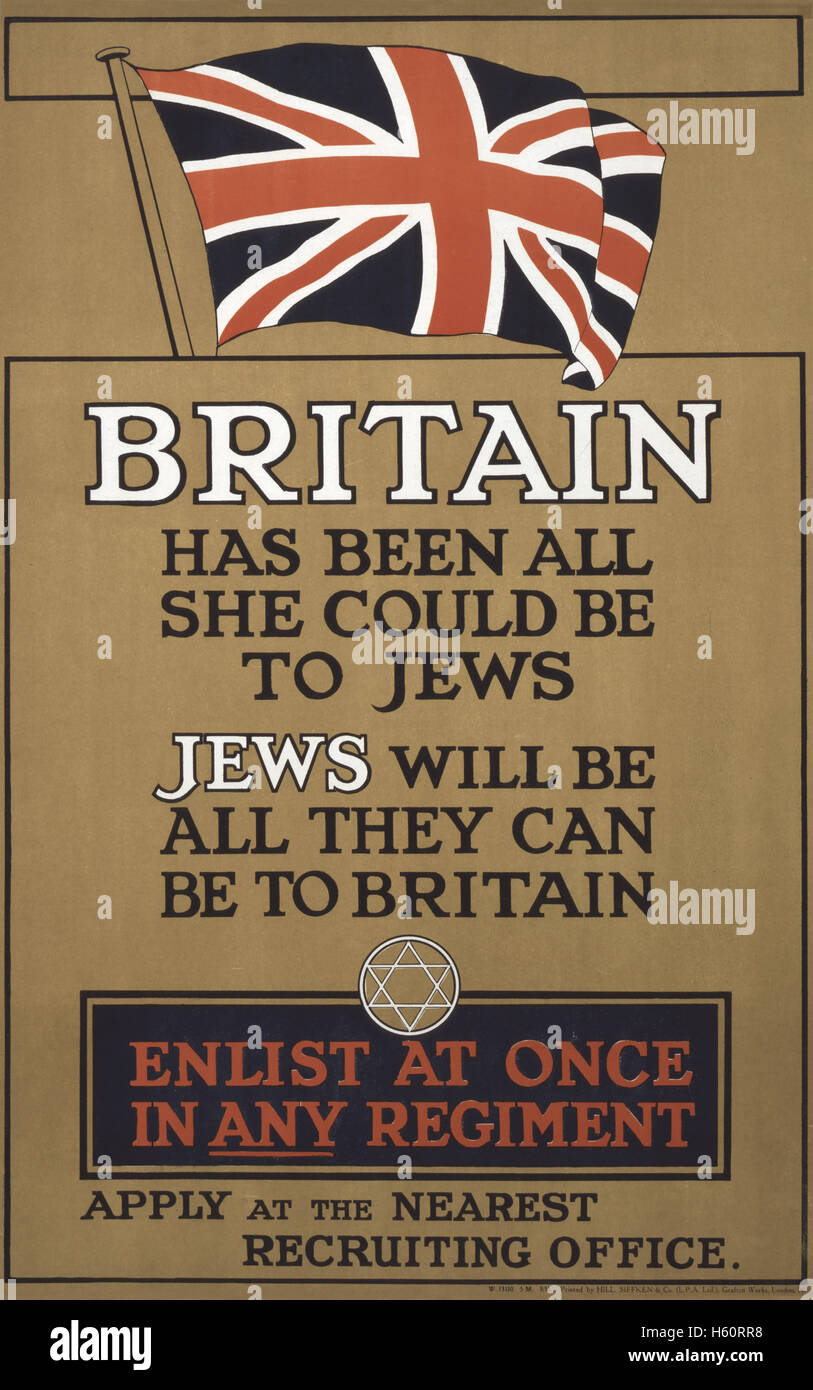 British WWI Recruitment Poster showing British Flag and Star of David, Printed by Hill, Sifkin & Company, London, England, UK, 1915 Stock Photo