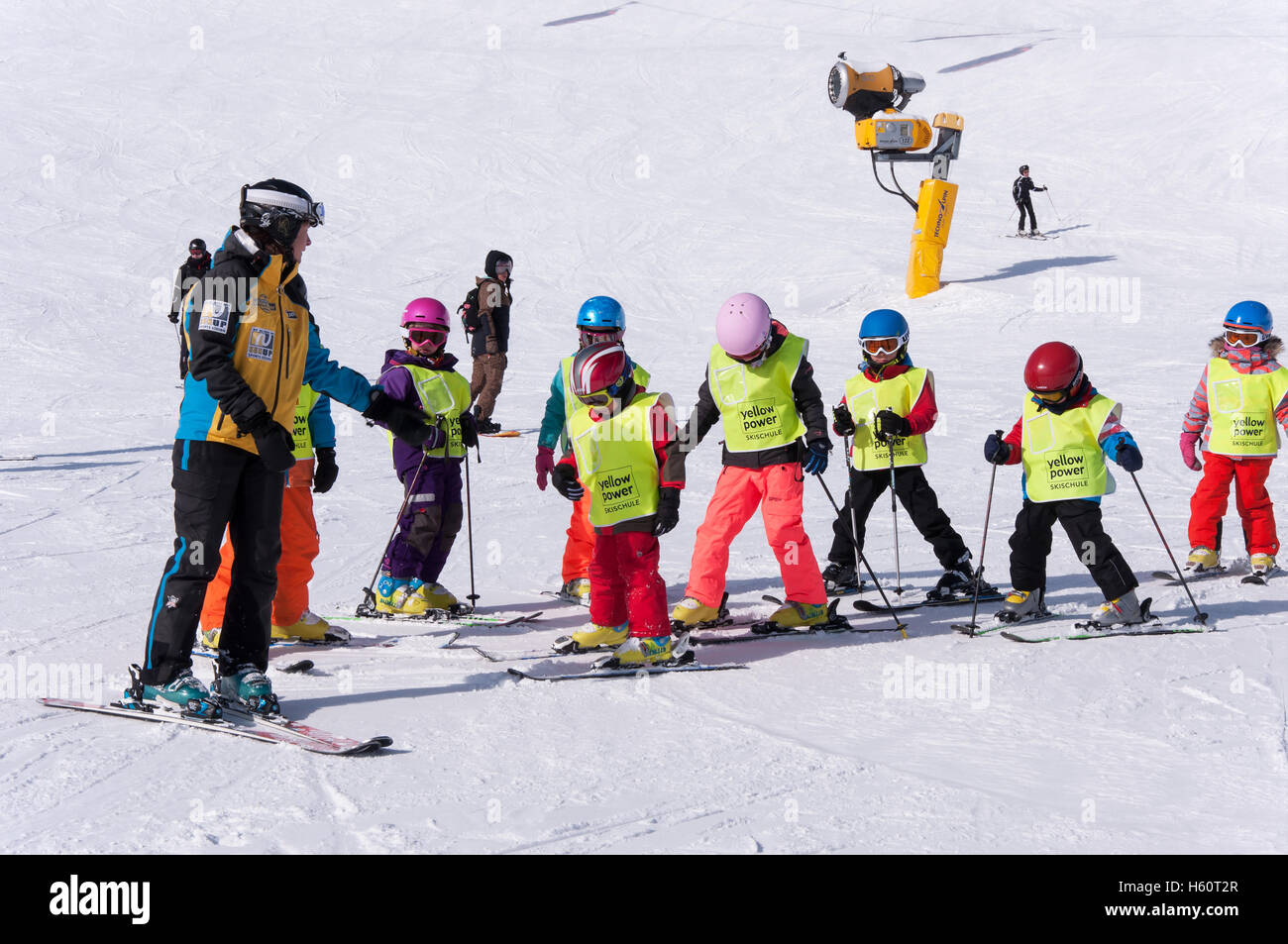 SOLDEN, AUSTRIA, MARCH 4, 2016: Ski school for children in Solden ski resort in Austrian Alps Stock Photo