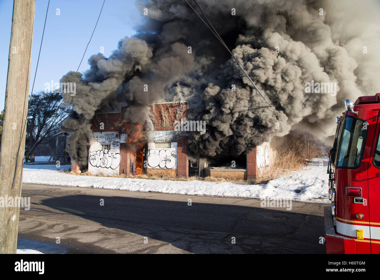 Arson fire in vacant commercial building, Detroit, Michigan USA Stock Photo