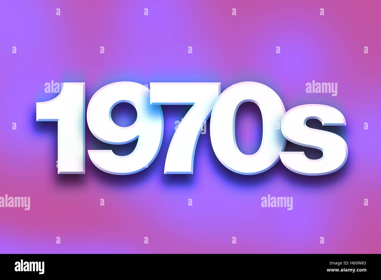 The word '1970s' written in white 3D letters on a colorful background concept and theme. Stock Photo