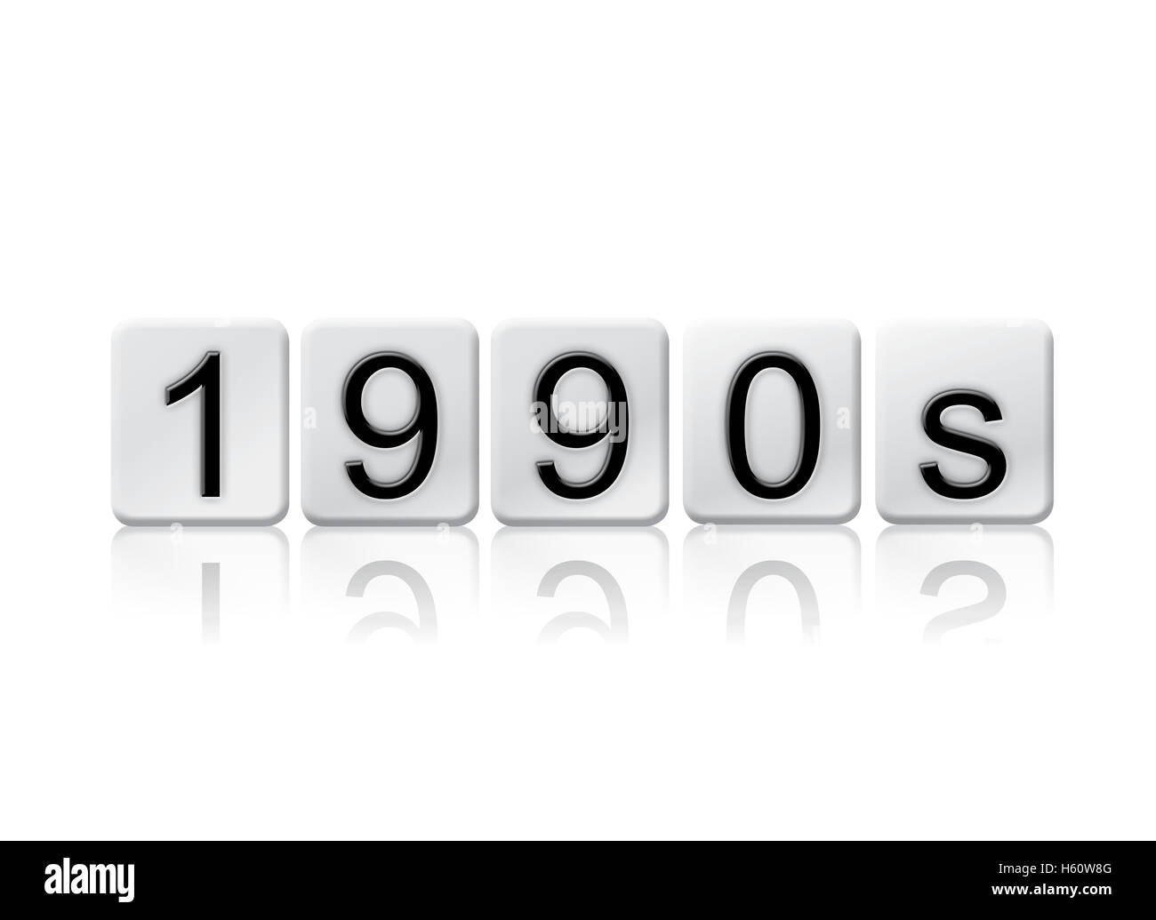 The word '1990s' written in tile letters isolated on a white background. Stock Photo