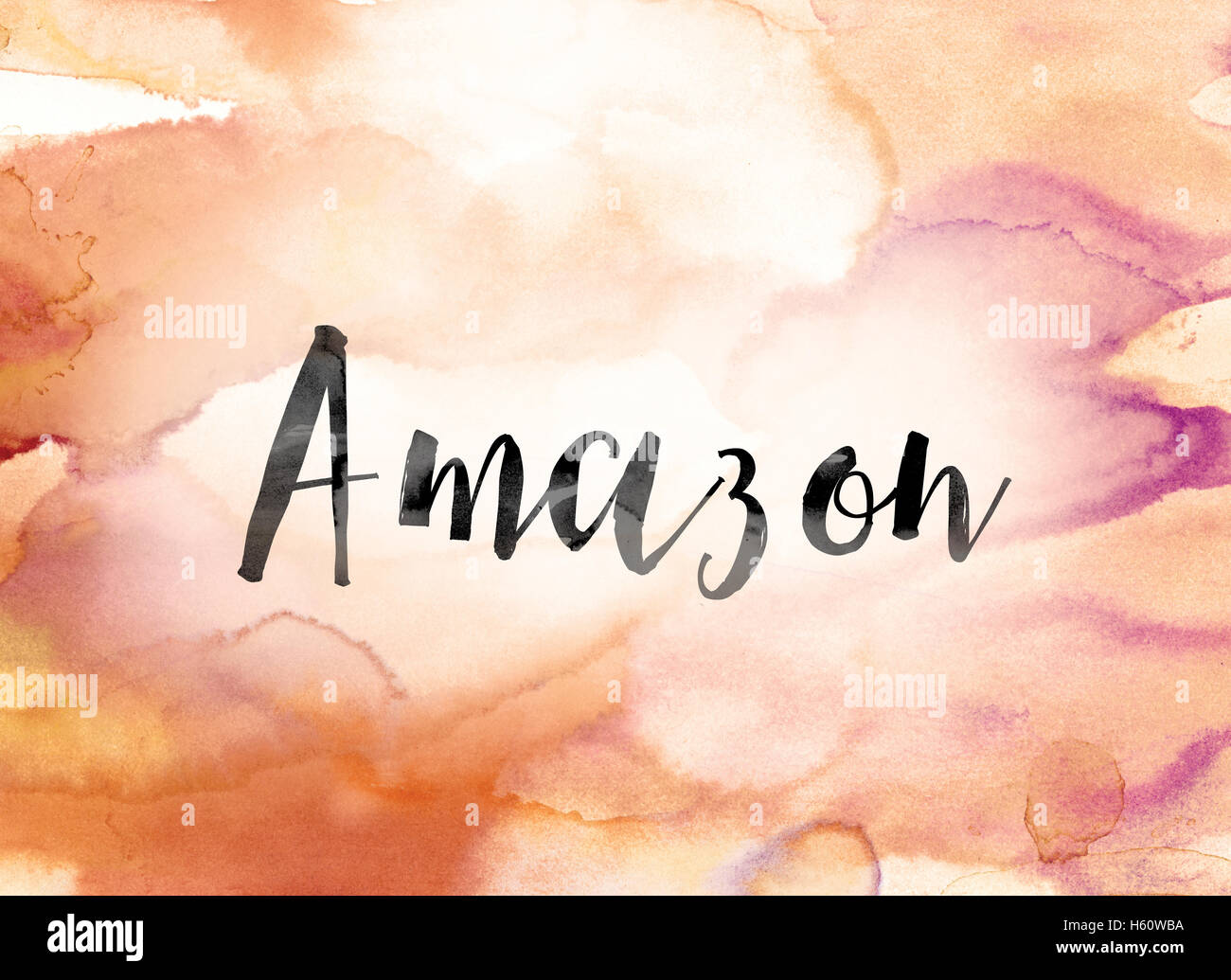 The word "Amazon" painted in black ink over a colorful watercolor washed background concept and