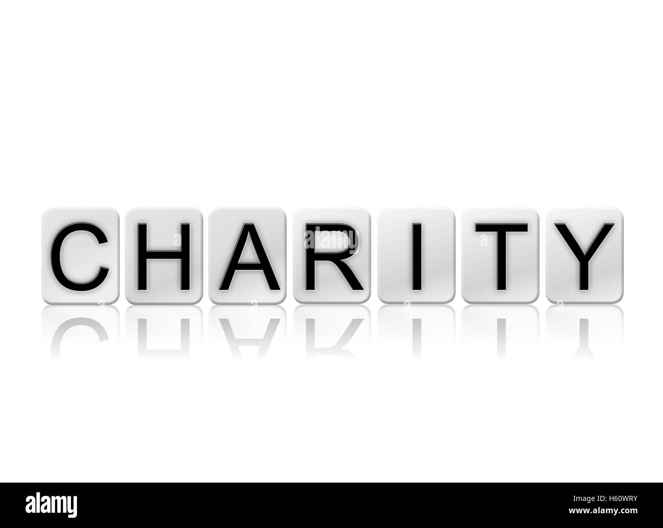 The word 'Charity' written in tile letters isolated on a white background. Stock Photo