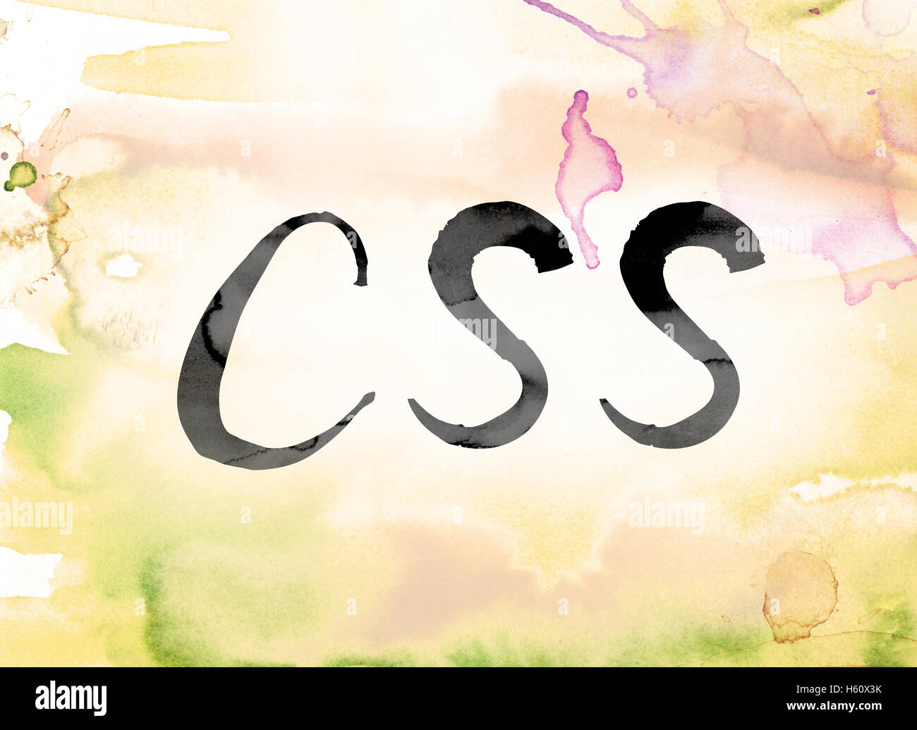 The Word Css Painted In Black Ink Over A Colorful Watercolor