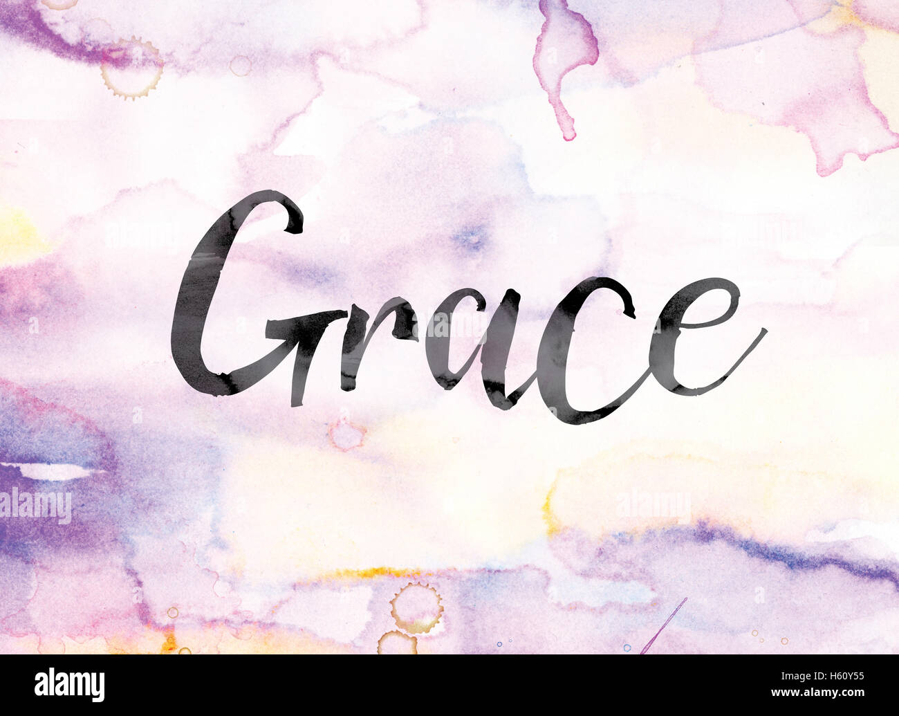 The word &ldquo;Grace&rdquo; painted in black ink over a colorful watercolor washed