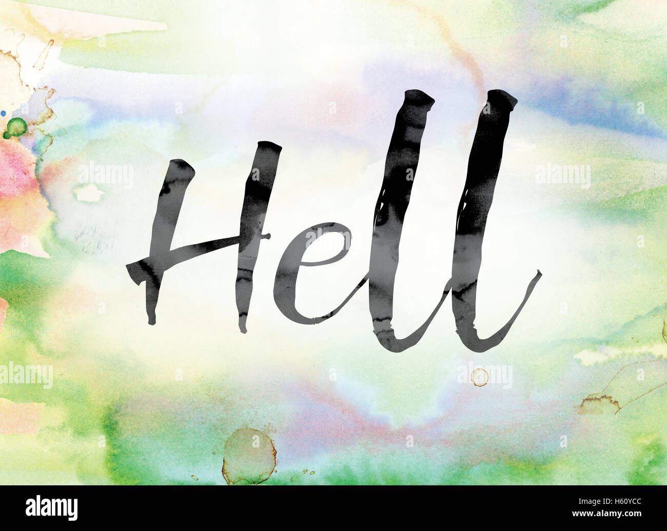 The word "Hell" painted in black ink over a colorful watercolor washed