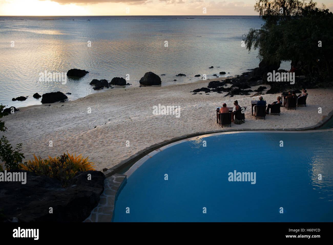 Aitutaki. Cook Island. Polynesia. South Pacific Ocean.  Seaside swimming pool at the Hotel Pacific Resort Aitutaki. Pacific Reso Stock Photo