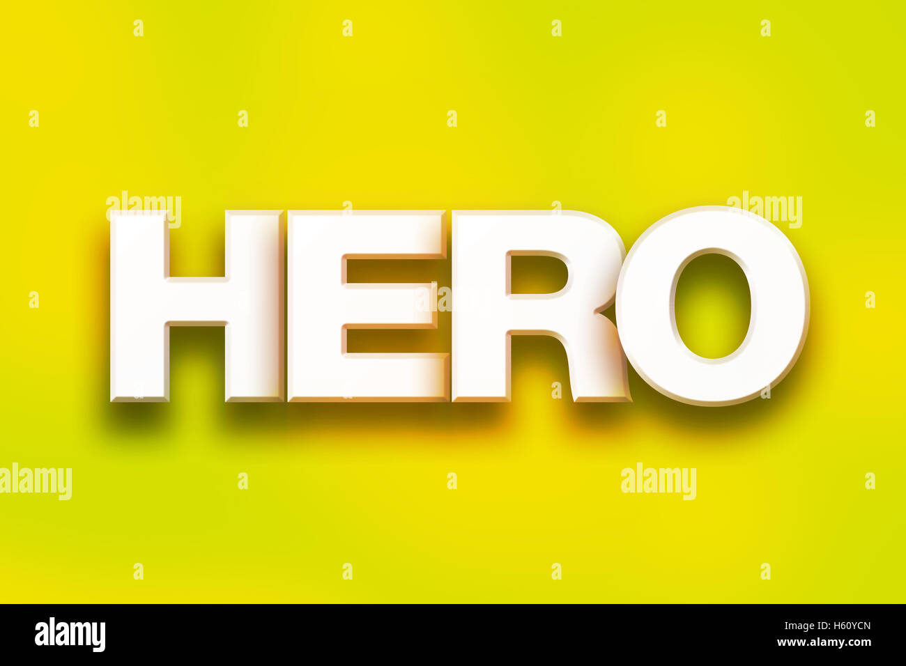 The word 'Hero' written in white 3D letters on a colorful background concept and theme. Stock Photo
