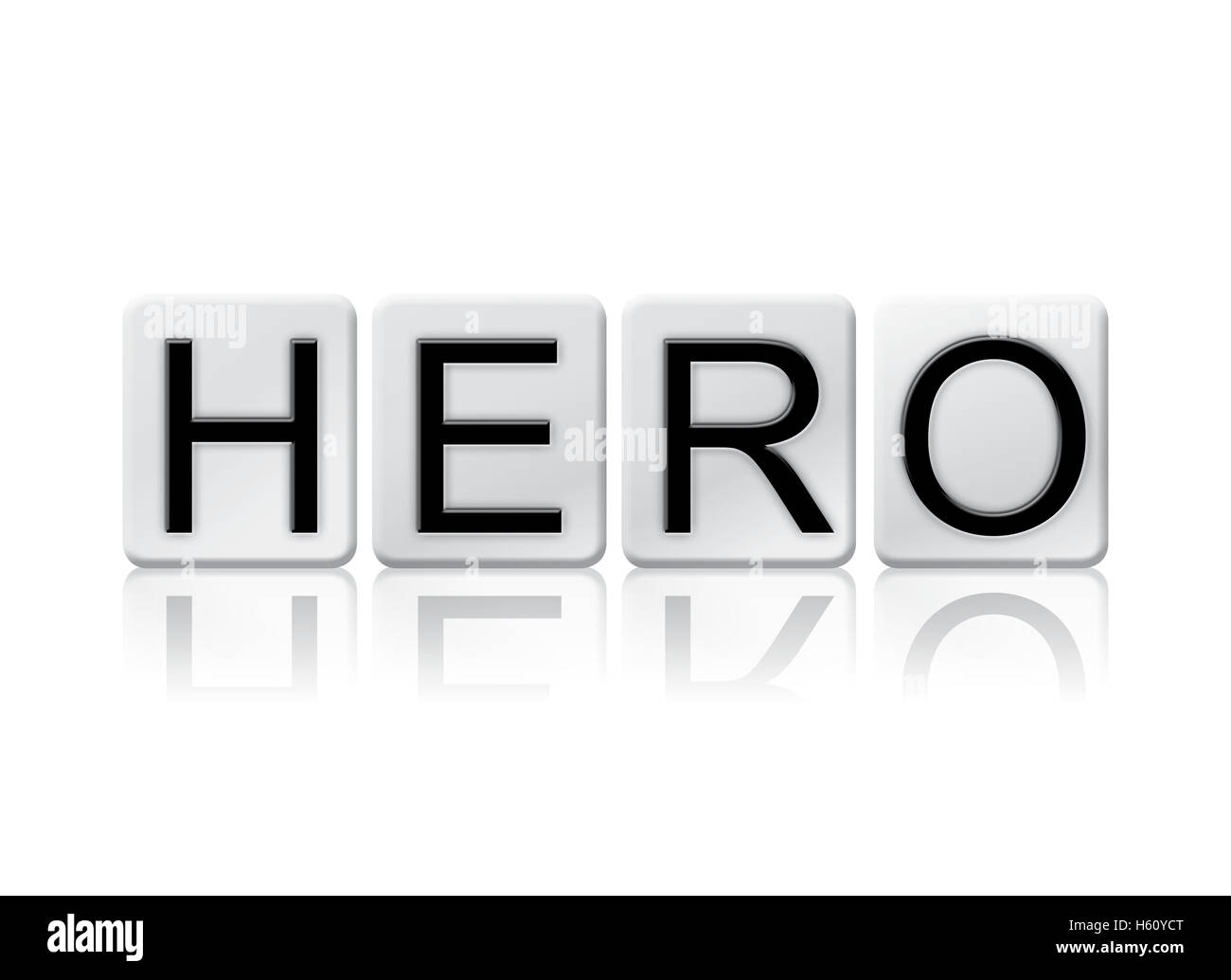 The word 'Hero' written in tile letters isolated on a white background. Stock Photo