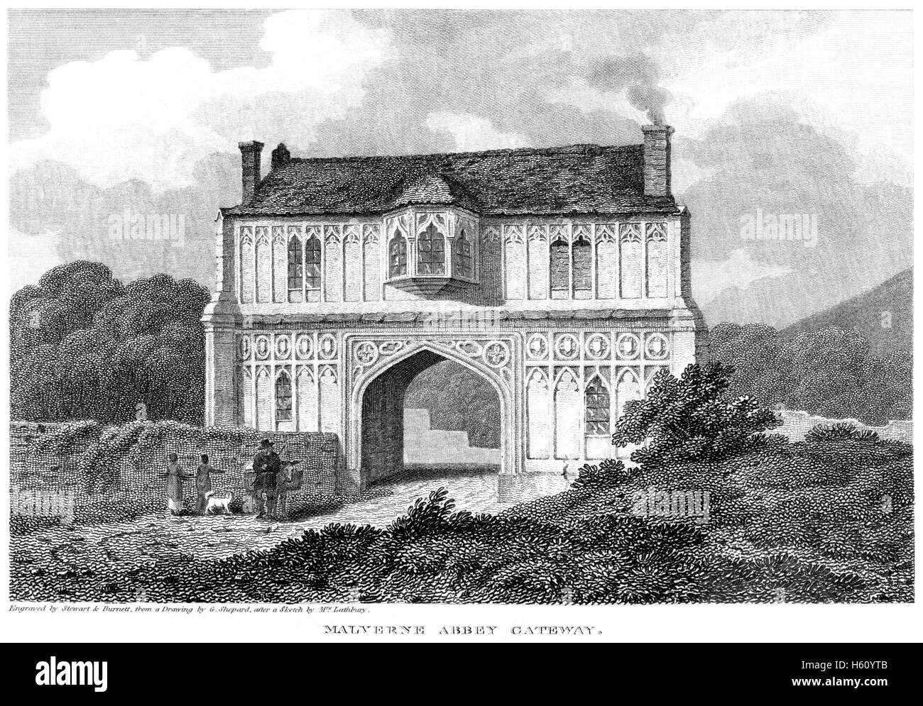 An engraving of Malvern Abbey Gateway, Worcestershire scanned at high resolution from a book printed in 1812. Stock Photo