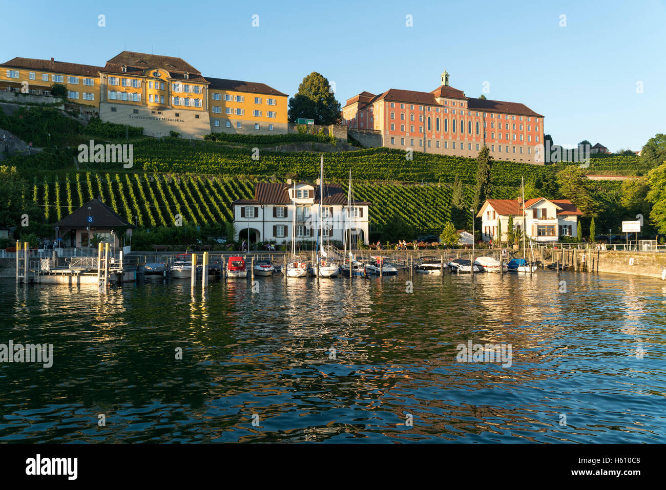 harbour and Winery Staatsweingut Meersburg in Meersburg at Lake Constance,  Baden-Württemberg, Germany, Stock Photo