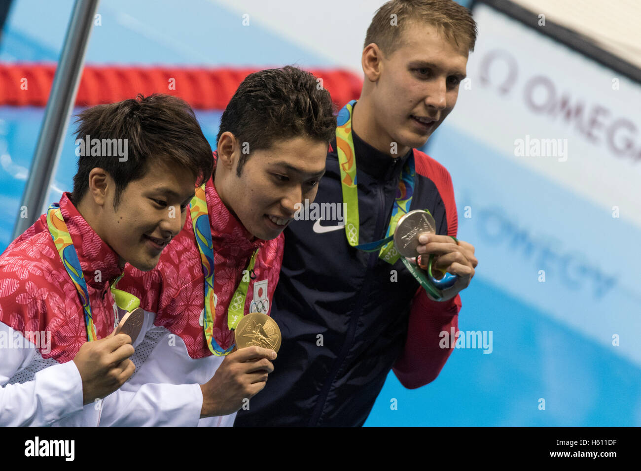Rio de Janeiro, Brazil. 6 August 2016. Kosuke Hagino (JPN) -C-wins the gold medal in the men's 400m Individual Medley with Chase Kalisz (USA) -silver and  Daiya Seto (JPN) the bronze at the 2016 Olympic Summer Games. ©Paul J. Sutton/PCN Photography. Stock Photo