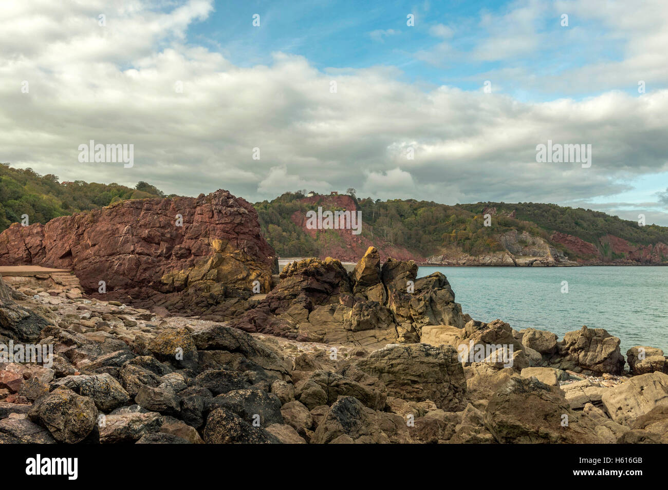 Seascape depicting the shoreline and rock formation around Babbacombe Beach and Lyme Bay near Babbacombe, Torquay, Devon Stock Photo