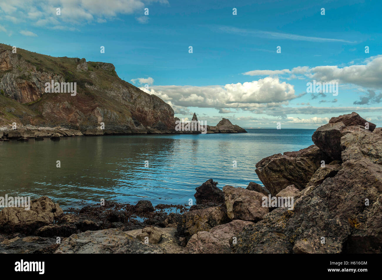 Seascape depicting the rocky, pebbled shoreline at Ansteys Cove, Redgate Beach and Lyme Bay on a beautiful summers day, near Torquay, Devon Stock Photo