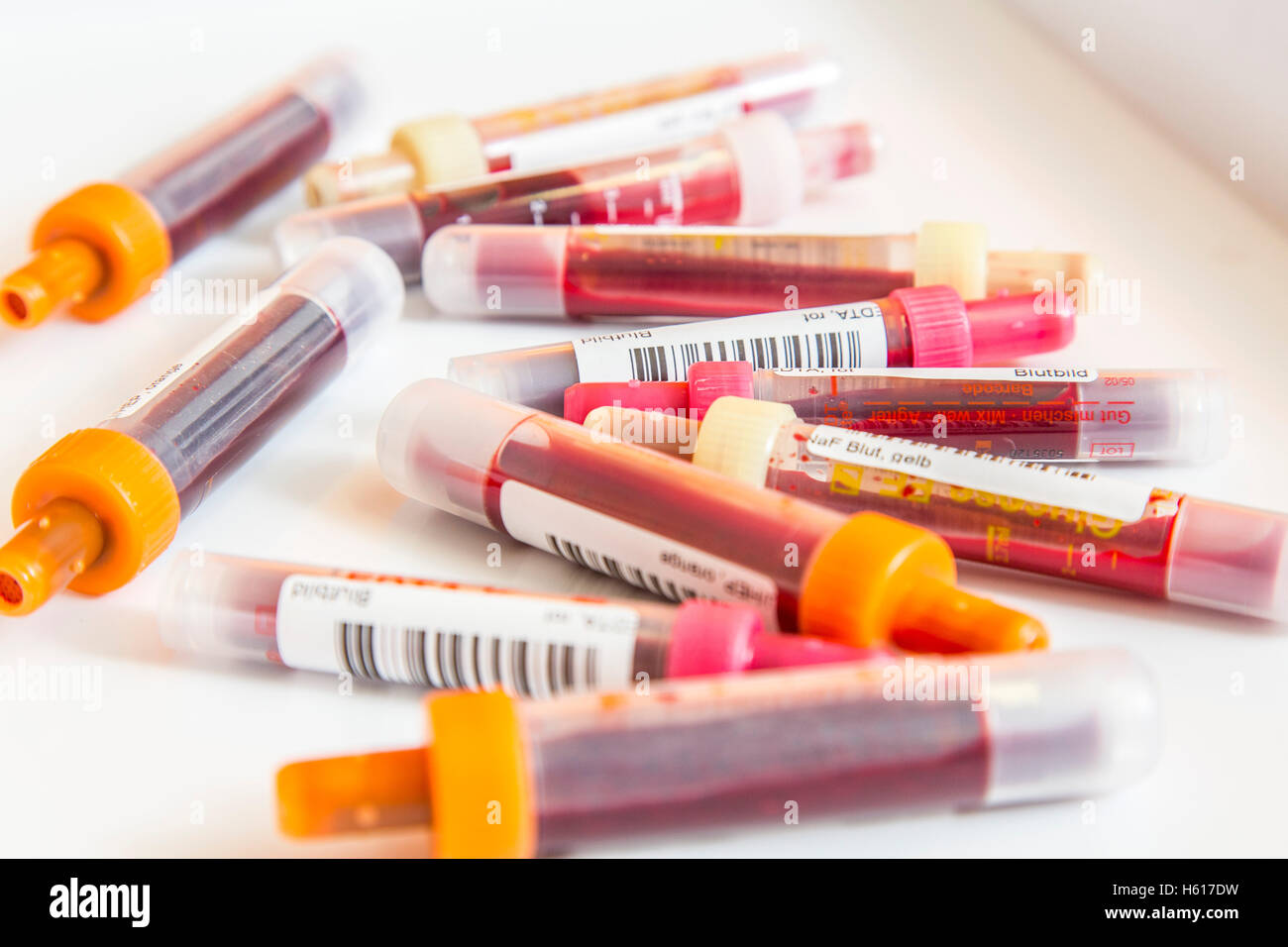 Blood samples, in blood collection tubes, sample container for the collection and preparation of blood samples, barcode Stock Photo