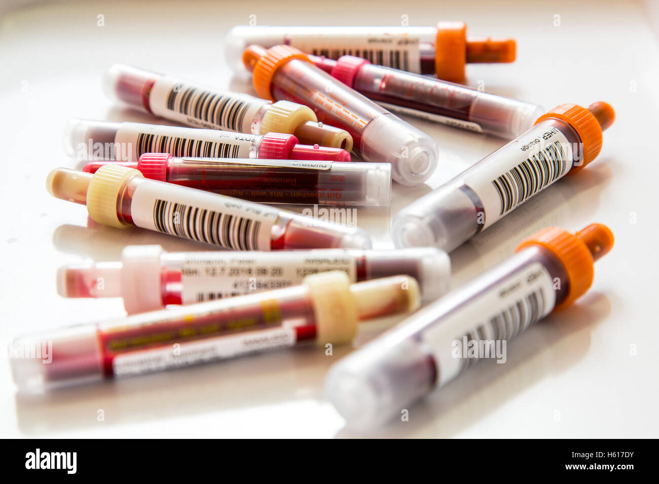 Blood samples, in blood collection tubes, sample container for the collection and preparation of blood samples, barcode Stock Photo