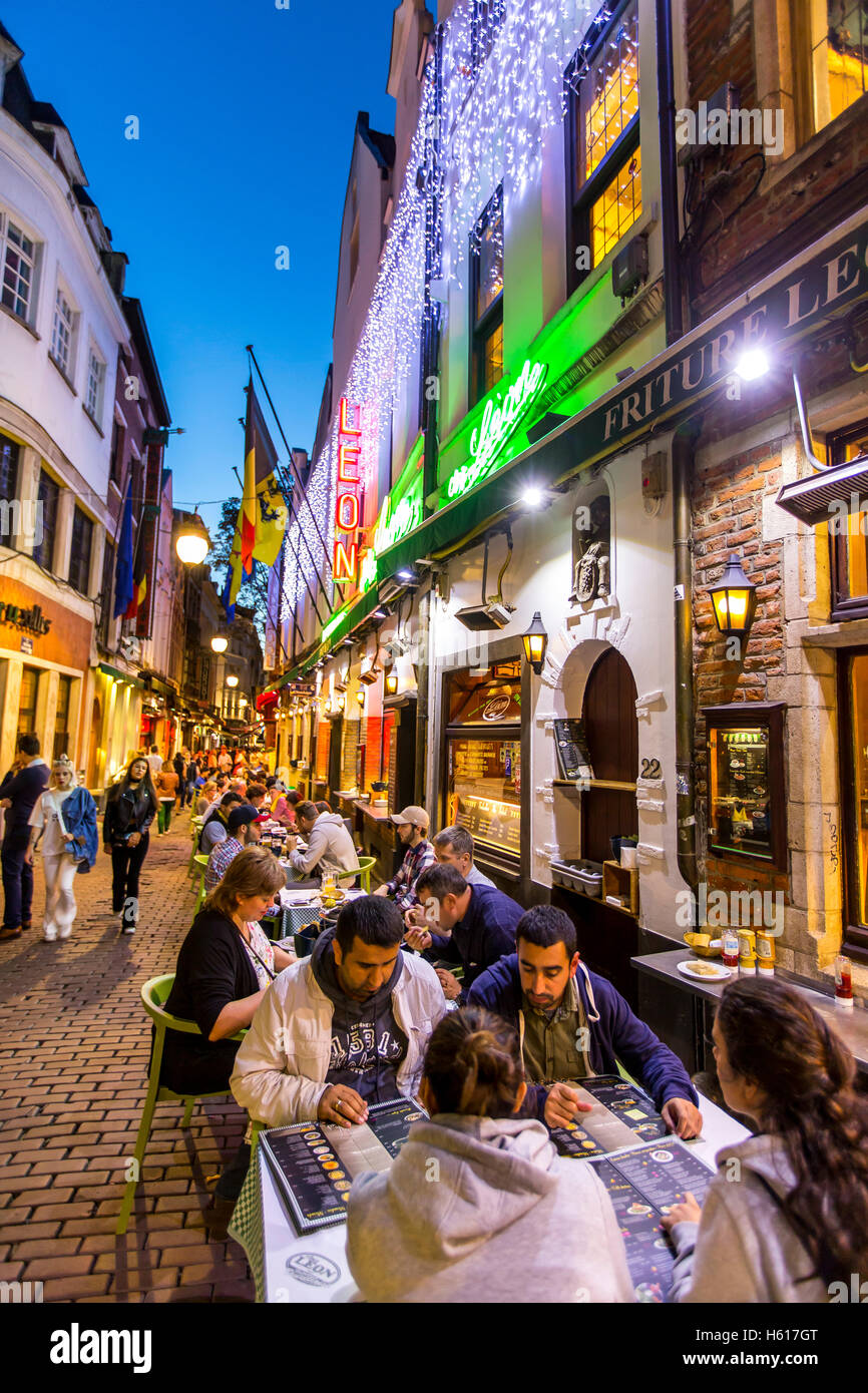 Restaurants, bars, cafes in the old town streets near the Grand Place, food lane,  Brussels, Belgium, Stock Photo