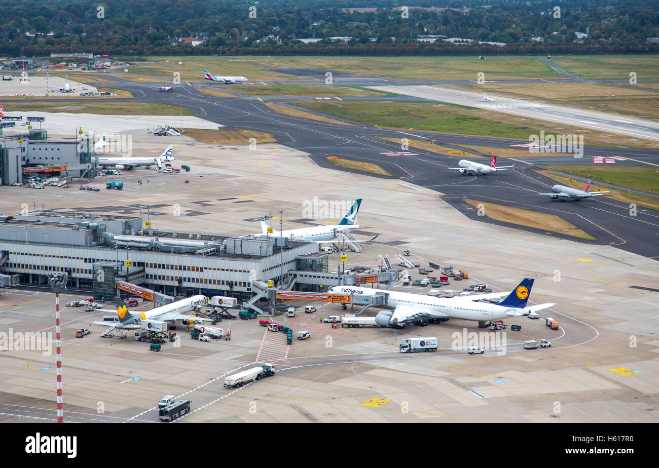 Düsseldorf, International Airport, Terminal buildings, airport infrastructure, runways, tower, air traffic control, Stock Photo