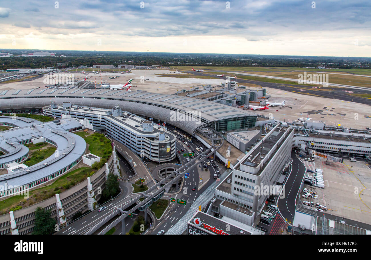 Düsseldorf, International Airport, Terminal buildings, airport infrastructure, runways, tower, air traffic control, Stock Photo