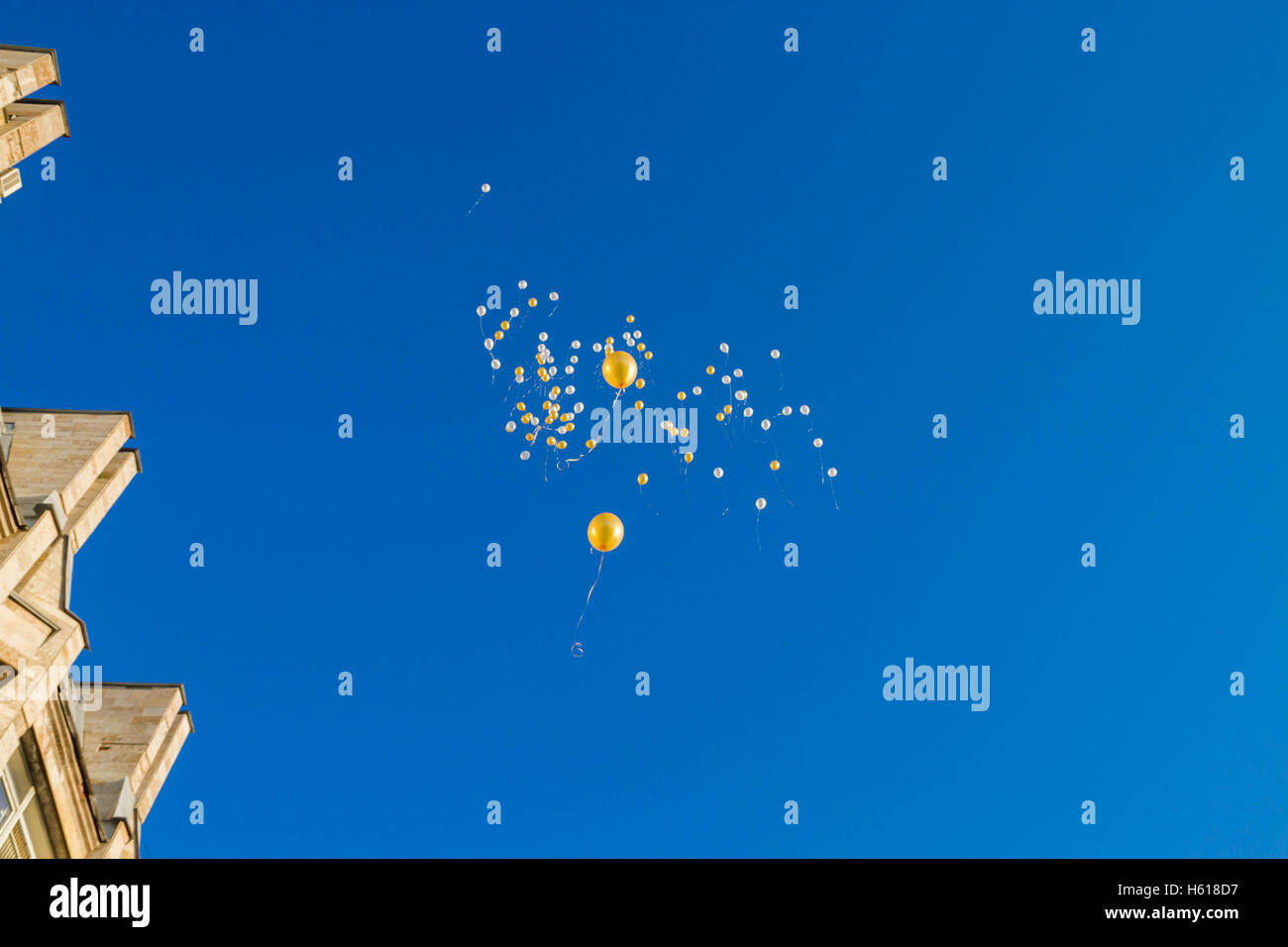 Balloons flying in the blue sky Stock Photo - Alamy
