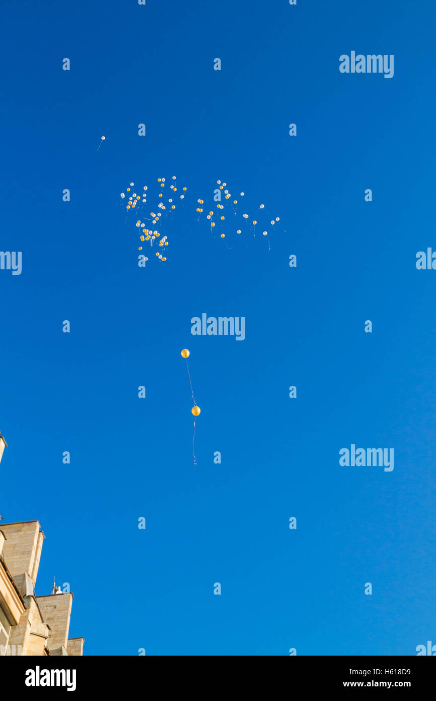 Balloons flying in the blue sky Stock Photo - Alamy