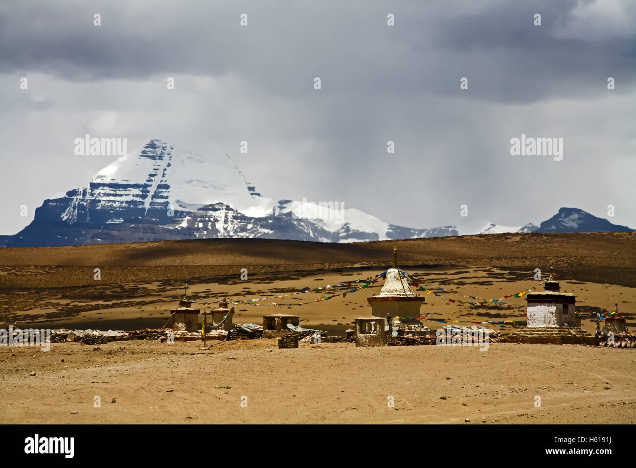 Mt. Kailash from Chiu Monastery, Lake Manasarovar, Tibet, China. Stock Photo